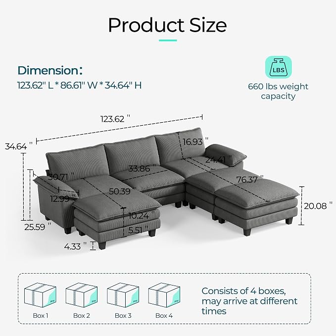 LINSY HOME 123'' Modular Sectional Sofa 3 Seat Couch Corduroy Cloud Couch with Deep Seat, Modern Cloud Couch with 3 Movable Ottoman for Living Room, Office, Bedroom, Grey