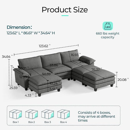 LINSY HOME 123'' Modular Sectional Sofa 3 Seat Couch Corduroy Cloud Couch with Deep Seat, Modern Cloud Couch with 3 Movable Ottoman for Living Room, Office, Bedroom, Grey