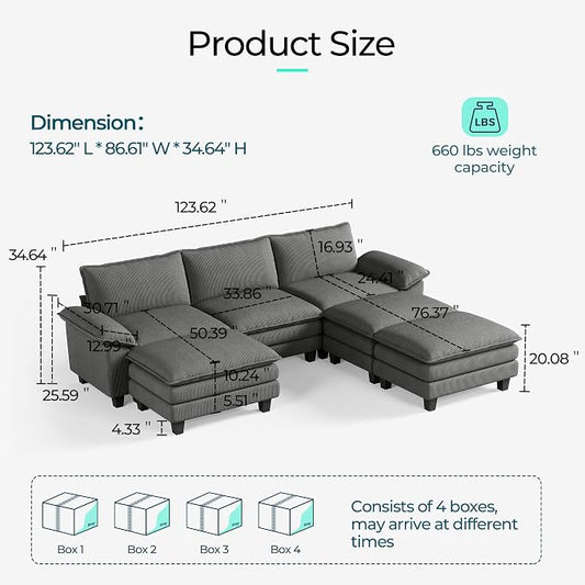 LINSY HOME 123'' Modular Sectional Sofa 3 Seat Couch Corduroy Cloud Couch with Deep Seat, Modern Cloud Couch with 3 Movable Ottoman for Living Room, Office, Bedroom, Grey