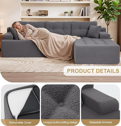 Hobestluk Modular Sectional Sofa Couches L-Shape Couch 3 Seat Modular Sofa Memory Foam Sectional Couches for Living Room, Cloud Couch with Oversized Chaise (Grey Tufted, 108", Right Hand Facing)
