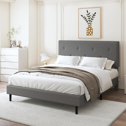 Queen Size Linen Bed Frame, Upholstered Platform Bed Frame with Adjustable Headboard, Wooden Slats Support, No Box Spring Needed, Easy Assembly, Grey