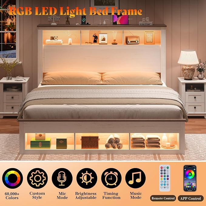 AMERLIFE 3-piece Farmhouse Bedroom Furniture Set, Includes 1 Queen LED Platform Bed Frame with Bookcase Storage Headboard & Charging Station, and 2 Nightstands with Drawers, Distressed White