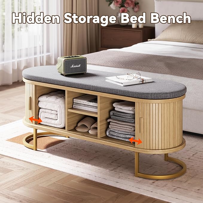 Decofy Shoe Storage Bench with Cushion and Sliding Doors, 47.2 Inch Shoe Bench with Storage, Freestanding Entryway Bench with Storage, Sturdy Metal Feet, for Hallway & Entrance Hall, Oak