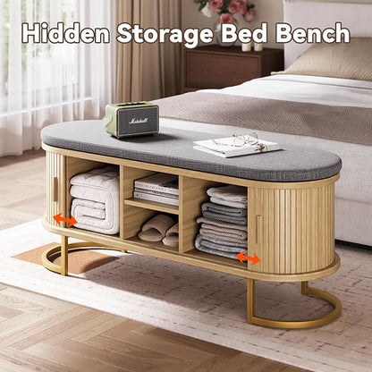 Decofy Shoe Storage Bench with Cushion and Sliding Doors, 47.2 Inch Shoe Bench with Storage, Freestanding Entryway Bench with Storage, Sturdy Metal Feet, for Hallway & Entrance Hall, Oak