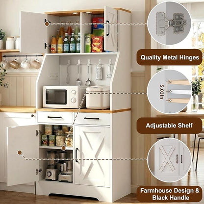 DreamDashio 73" Tall Pantry Cabinet with Charging Station & LED Light, Kitchen Pantry Storage Cabinet with Microwave Stand, Farmhouse Kitchen Hutch with 2 Storage Drawers and 6 Hooks for Dining Room