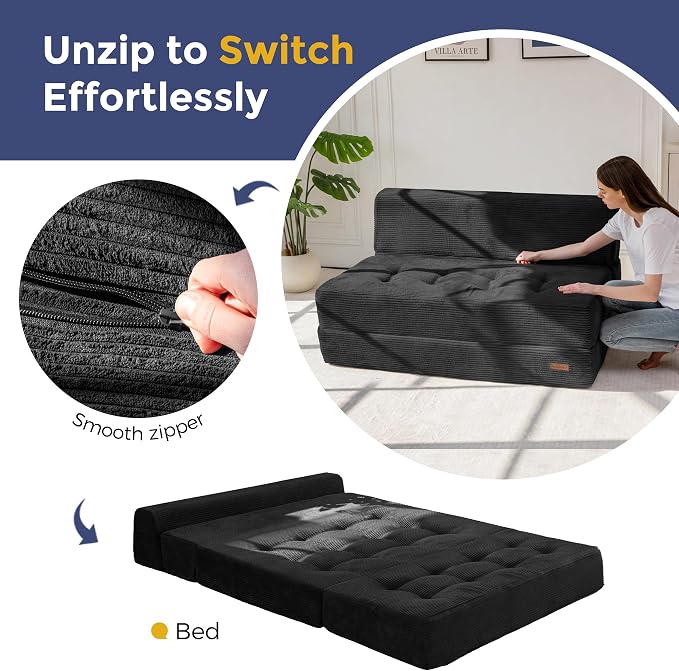 MAXYOYO 8" Folding Sofa Bed, Fold Out Chair Bed, Convertible Floor Sofa Couch, High-Density Foam Tufted Lounge Couch for Living Room Bedroom Dorm, Loveseat, Black