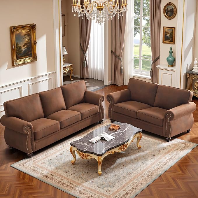 Couchus Mid-Century Vintage Sofa Couches with Rivet Design,3-Seater Sofa,Removable Sofa Cover Upholstered Cushions and Solid Wood Frame (Caramel Rust, 3-Seater)