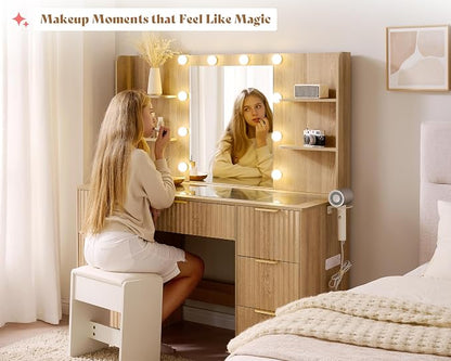 AMERLIFE 47.2" Fluted Vanity Desk with Mirror and Adjustable LED Lights, Large 7 Drawers Makeup Vanity Table with Glass Top and Charging Station for Women and Girls, Bedroom or Dorm, Natural Oak