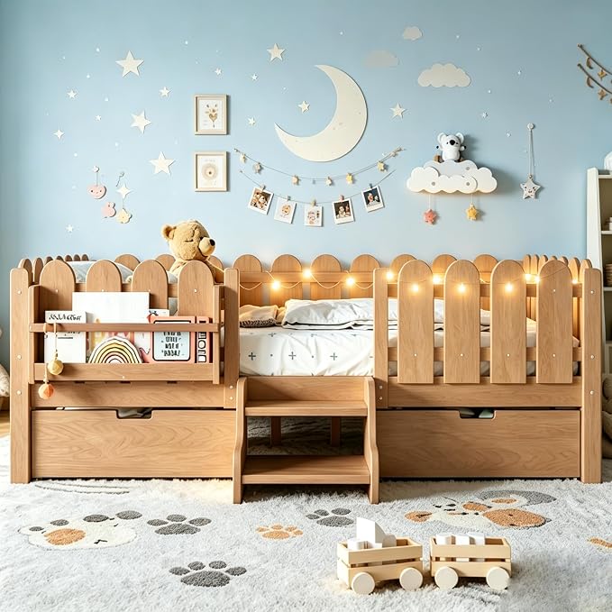Bellemave Full Size Platform Bed with Storage Drawers & Bookshelf for Boys Girls, Kids Full Bed Frame with LED Lights & Stairs for Children's Room, Natural