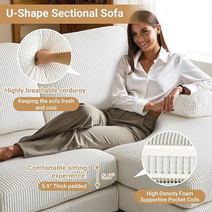 VINGLI 110' U Shaped Comfy Sectional Couch, Double Chaise Sofa in Corduroy Fabric for Apartment, 4-Seater Upholstered Couch with Memory Foam, Modern Couches for Living Room, Small Space, Beige