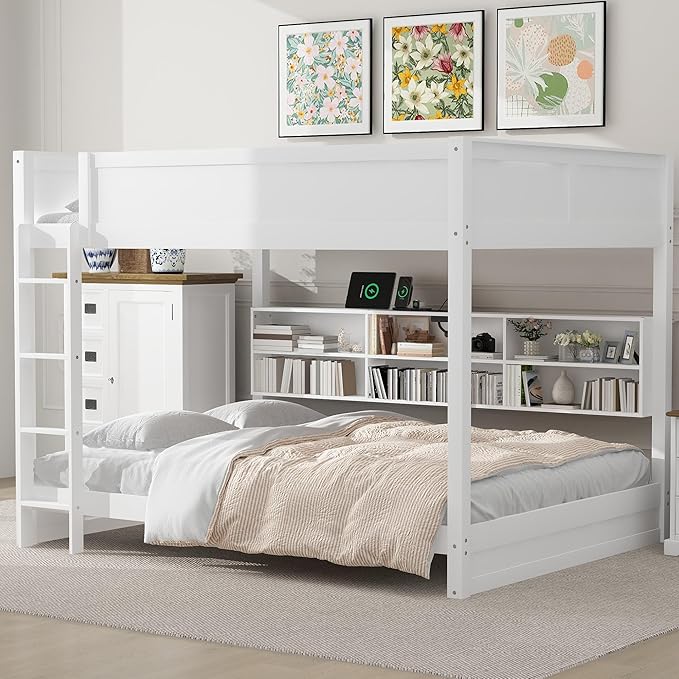 Queen Over Queen Bunk Bed with Built-in Shelves and USB Ports, Solid Wood Bunk Bed Frame with Safety Guardrail, for Kids Boys Girls Bedroom, No Box Spring Needed (White)