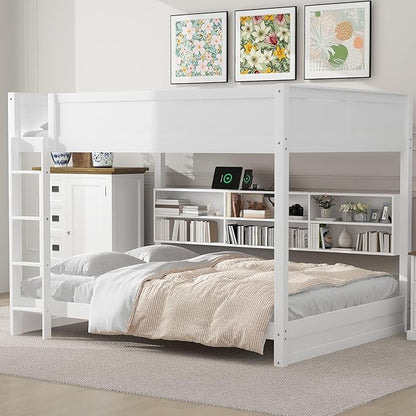 Queen Over Queen Bunk Bed with Built-in Shelves and USB Ports, Solid Wood Bunk Bed Frame with Safety Guardrail, for Kids Boys Girls Bedroom, No Box Spring Needed (White)