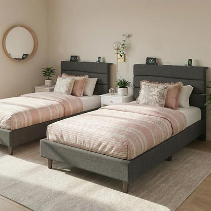 EnHomee Twin Size Bed Frame with Upholstered Headboard,Charging Station,No Box Spring Needed,Easy Assembly,Noise-Free,for Boys,Teens,Grey