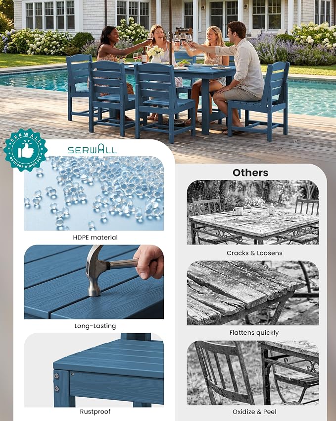 SERWALL Armless Outdoor Dining Chair Set of 2, All Weather Resistant,Blue