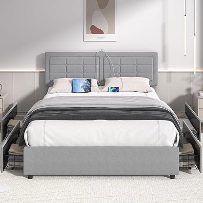 VECELO Queen Size Bed Frame with 4 Storage Drawers & Adjustable Headboard, Built-in Charging Station, Upholstered Bedframe with Wood Slats Support, Light Grey