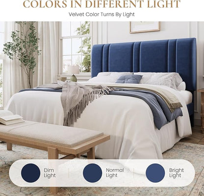 SHA CERLIN Queen Size Platform Bed Frame, Velvet Upholstered Bed with Adjustable Headboard, Vertical Channel Tufted Design, Sturdy Wood Slat Support, No Box Spring Needed, Easy Assembly, Dark Blue