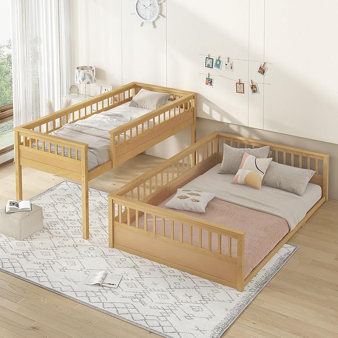 RUNNA Twin XL Over Queen Bunk Bed, Detachable, Ladder, Natural | Twin XL over queen bunk bed, detachable design, ladder, guardrails, solid wood frame, no box spring needed, rustic natural