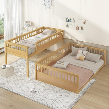 RUNNA Twin XL Over Queen Bunk Bed, Detachable, Ladder, Natural | Twin XL over queen bunk bed, detachable design, ladder, guardrails, solid wood frame, no box spring needed, rustic natural