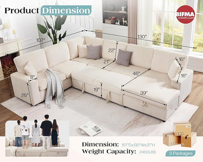 VanAcc 130" Sofa Bed, Sectional Sleeper Sofa with Pull Out Bed, Sleeper Couch with Storage, 6 Seater Couch for Living Room, Corduroy Off-White