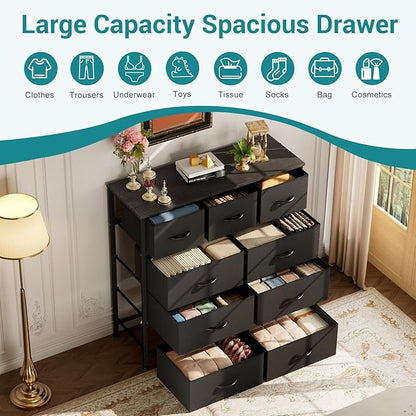 OLIXIS 9 Drawer Fabric Storage Dresser Chest Organizer Unit, Black | Sturdy and lightweight fabric drawers with easy-pull handles. Space-saving versatile organizer for clothes, bedroom