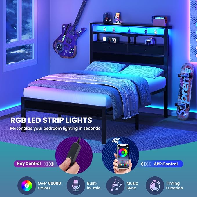 Sweetcrispy Bed Frame Twin Size with LED Lights and Charging Station, Sturdy Platform Beds Frame with Storage Drawers, 3-Tier Shelves and Under Bed Storage, No Box Spring Needed, Black