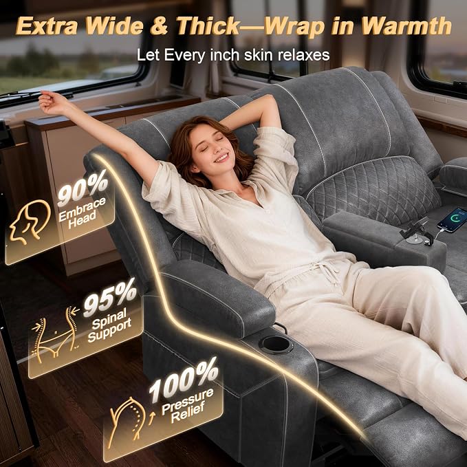 RV Loveseat Recliner Wall Hugger, Manual RV Reclining Loveseat with Removable Armrest, 3X Adjustable Theater Wall Hugger Loveseat Recliners with USB Ports, Cup Holders, Multi-Storage (Velvet,Grey)