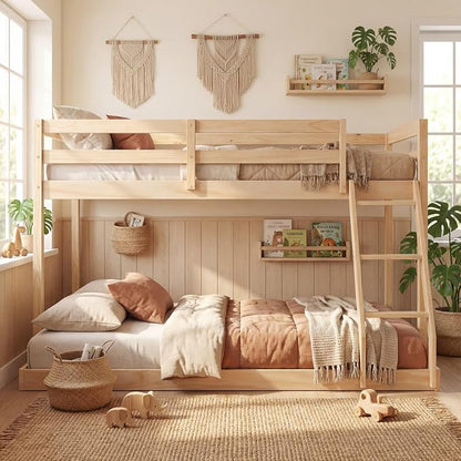 KOMFOTT Low Bunk Bed Twin Over Full, Solid Wood Twin Bed Frame with Built-in Ladder & Safety Guardrails, Space-Saving Low Bunk Bed for Kids, Teens, No Box Spring Needed (Low Twin Over Full,Natural)