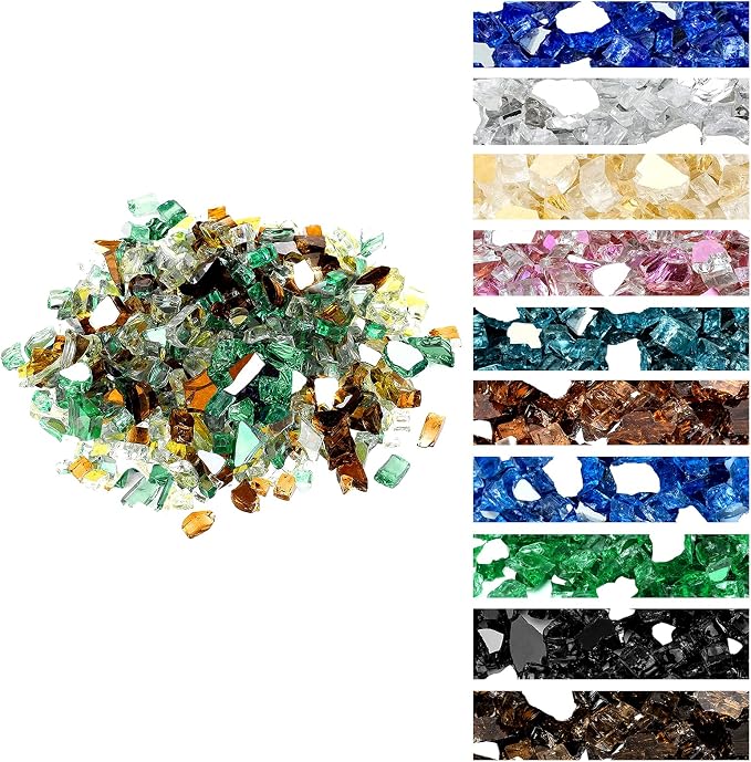 Onlyfire 10 lbs Fire Glass Rocks 1/4 Inch, Reflective Tempered Glass for Propane Fire Pit & Gas Fireplace, High Luster Firepit Glass Stones for Fire Table, Gold+Light Green+Copper