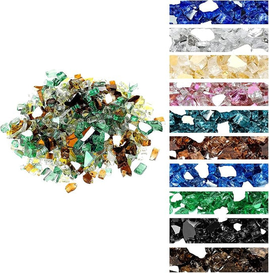 Onlyfire 10 lbs Fire Glass Rocks 1/4 Inch, Reflective Tempered Glass for Propane Fire Pit & Gas Fireplace, High Luster Firepit Glass Stones for Fire Table, Gold+Light Green+Copper