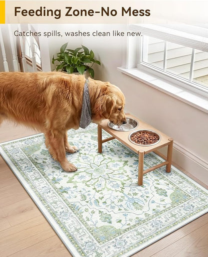 RELEANY Area Rugs Small 2'x3' Washable Non-Slip, Floral Vintage Distress Medallion Carpet for Kitchen Entryway Bathroom, Green White Blue