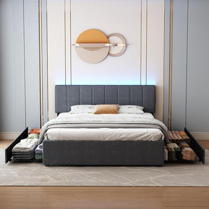 King Size Upholstered Platform Bed with 4 Storage Drawers | 4 Storage Drawers, USB/Type-C Charging,APP-Controlled LED Lights,No Box Spring Needed,Dark Grey Linen Fabric,Easy to Assemble