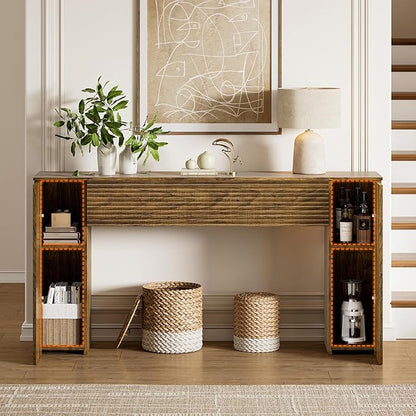 FABATO 61'' Fluted Long Console Table, Wooden Rectangular Sofa Table Behind The Couch, Narrow Entryway Table with 2 Hidden Storage Cabinets for Entrance, Hallway, Living Room, Foyer, Brown