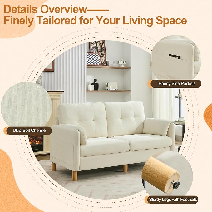 WUTUTUEE 65" Chenille Loveseat Sofa, Modern 2-Seater Love Seat Couch with Armrest Pillows, Storage Pockets, Easy Assembly, Upholstered Tufted Loveseat Sofa Couches for Living Room Bedroom, Beige