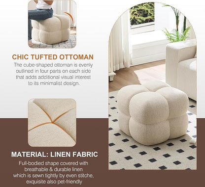 Zesthouse Square Pouf Ottomans Set of 2, Modern Backless Vanity Chair for Bedroom, Beige Linen Foot Rest for Couch, Upholstered Tufted Footstool, Poofy Fabric Ottoman Coffee Table for Living Room
