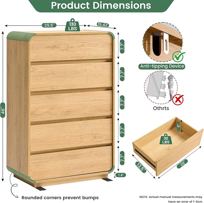 Standifurno Natural 5 Drawer Dresser, Modern Dresser with Storage, Chest Drawers with Wood Grain Texture, Drawers Organizer for Bedroom, Living Room, Hallway.