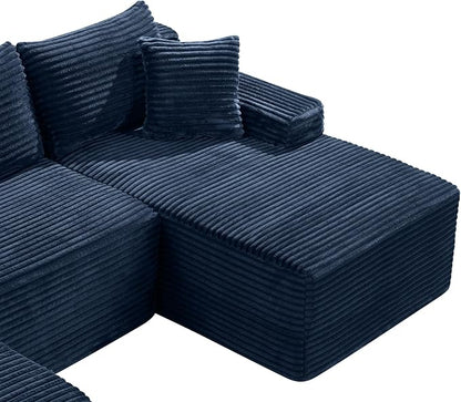 95-Inch U-Shaped Right Facing Corner Compressed Sofa Modular Sectional Boneless Cloud Sofa Floor Foam Couch W/Chaise Lounge & Ottoman, Corduroy Corner Boneless Cloud Couch