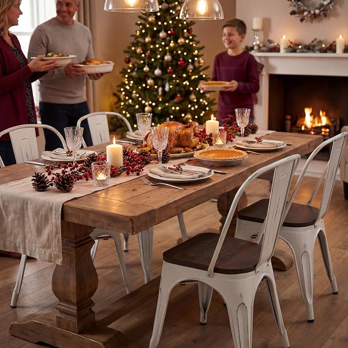 JUMMICO Metal Dining Chair Stackable Industrial Vintage Kitchen Chairs Indoor-Outdoor Bistro Cafe Side Chairs with Back and Wooden Seat Set of 4 (White)