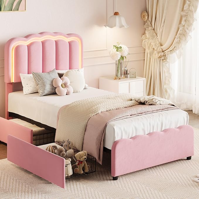 Garvee Twin Size Bed Frame with 2 Storage Drawers and LED Lights, Upholstered Platform Twin Bed with Adjustable Headboard, Wooden Slats Support, No Box Spring Needed, Easy Assembly, Pink