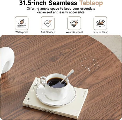 31.5" Round Coffee Table, Modern Fluted Accent Center Table with Metal Frame, Wooden Circle Coffee Tables for Living Room Small Space or Office (Walnut)