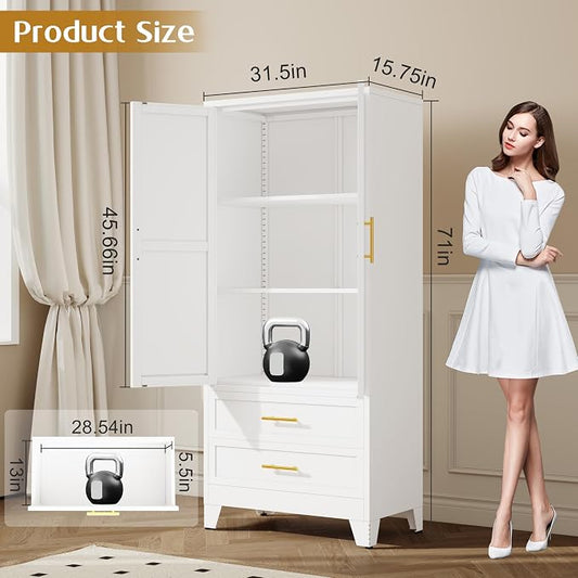 GAIOUS Steel Pantry Cabinet, 71" Metal Storage Cabinets | with 2 Doors, 2 Adjustable Shelf and 2 Drawers, Freestanding Storage Cabinet for Bedroom, Kitchen, Home Office (White)