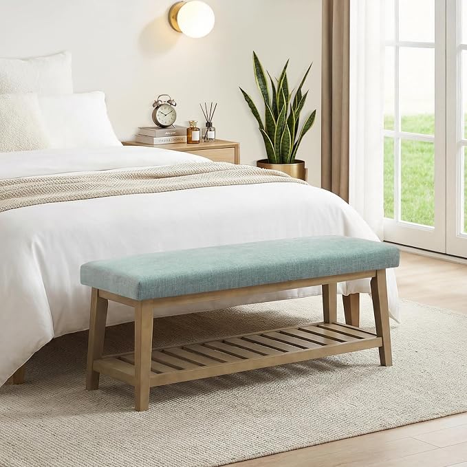 Entryway Bench with Cushion, Upholstered Shoe Rack Bench with Solid Wood Shelf, 44" End of Bed Bench for Bedroom, Chenille Fabric Storage Bench for Entryway, Hallway, Living Room (Teal)