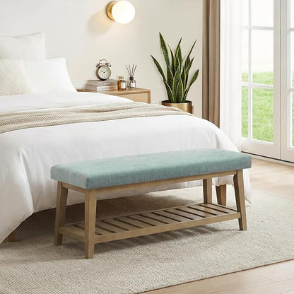 Entryway Bench with Cushion, Upholstered Shoe Rack Bench with Solid Wood Shelf, 44" End of Bed Bench for Bedroom, Chenille Fabric Storage Bench for Entryway, Hallway, Living Room (Teal)
