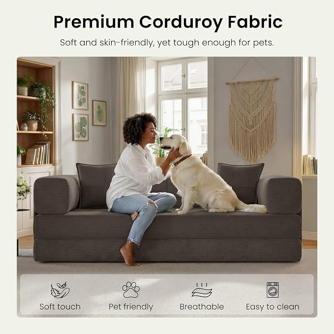 78.8" Convertible Futon Sofa Bed,Corduroy Futon Couch with Storage Pocket,Folding Pull Out Sofa,No Assembly Boneless Couch for Living Room,Taupe