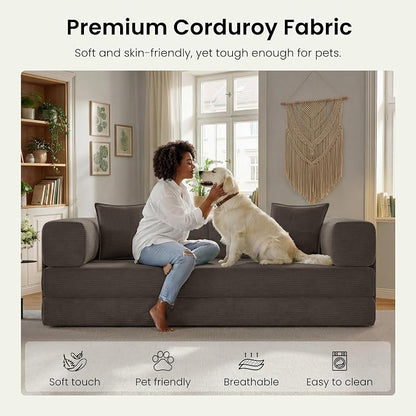 78.8" Convertible Futon Sofa Bed,Corduroy Futon Couch with Storage Pocket,Folding Pull Out Sofa,No Assembly Boneless Couch for Living Room,Taupe