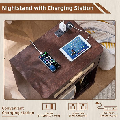 LEYAOYAO Rattan Nightstand with Charging Station, Walnut Night Stand with Drawer, 23" Wide Boho Bedside Table with Storage Shelf, Bed Side End Tables for Bedroom, Living Room, Hallway