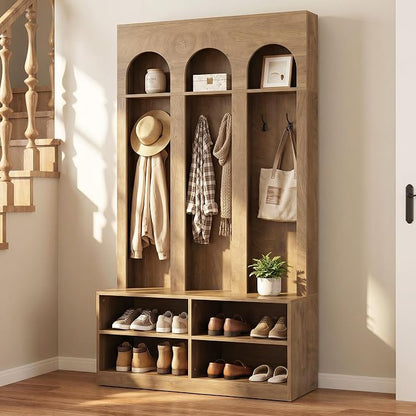 LITTLE TREE Hall Tree, 70" Entryway Bench with Coat Rack and Shoe Storage | 6 Double Hooks, Mudroom Bench with Storage and Hooks, Entryway Storage Furniture, Farmhouse Hall Tree, Hallway Tree, Brown