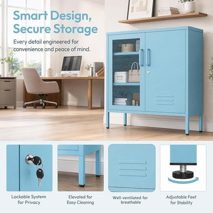 Lockable Metal Storage Cabinet Locker, Multifunctional Versatile Storage Lockers with Adjustable Shelves and Mesh Door, Durable Metal Sideboard Furniture for Restaurant Home Office Blue