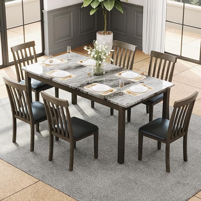 AMERLIFE 7-Piece Dining Table Set, 71" Faux Marble Modern Table with 6 PU Leather Upholstered Chairs, Heavy-Duty Solid Wood Set for Kitchen & Dining Room, Dark Brown