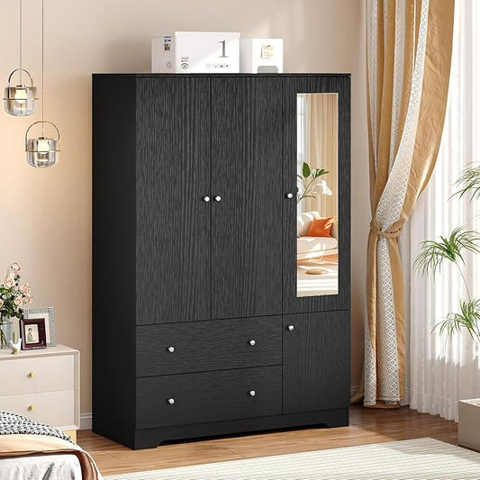 VINGLI Armoire Wardrobe Closet with Doors and Mirror,47" W Wardrobe Cabinet Wooden with Hanging Rod & Shelves Inside, 4 Door Bedroom Armoires with Drawers, Black Freestanding Armoire for Bedroom