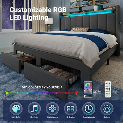 Allewie Vertical Tufted Full Size Upholstered Platform Bed Frame with 2-Tier LED Storage Headboard & 2 Storage Drawers, USB & Type-C Charging Ports, Noise-Free/No Box Spring Needed, Dark Grey